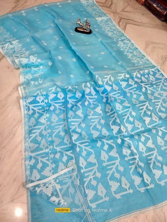 Soft Sky Blue Pure Resham Muslin Silk Jamdani Saree