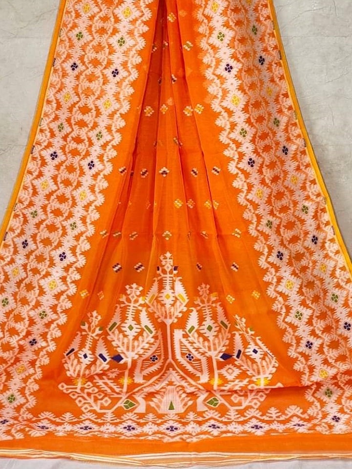 Striking Orange Dhakai Jamdani Light Weight Cotton Silk Saree Without Blouse