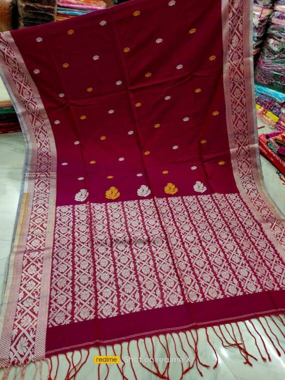 Stunning Deep Red Cotton Jamdani Handloom Saree
