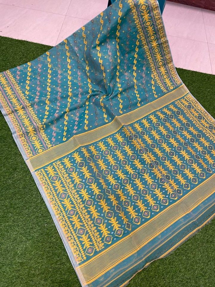 Teal Blue Intricately Handwoven Dhakai Jamdani Cotton Silk Saree