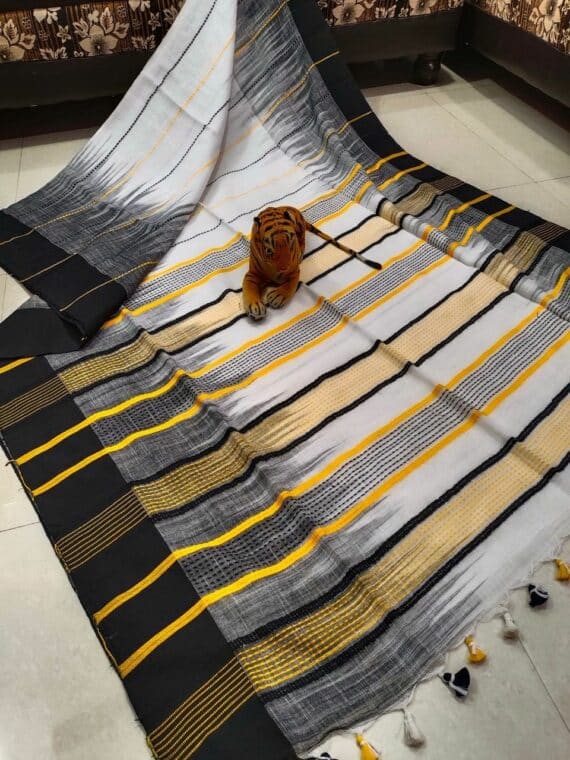 White Black Stripe Pattern Pure Cotton Ikkat Weave Saree With Contrast Border