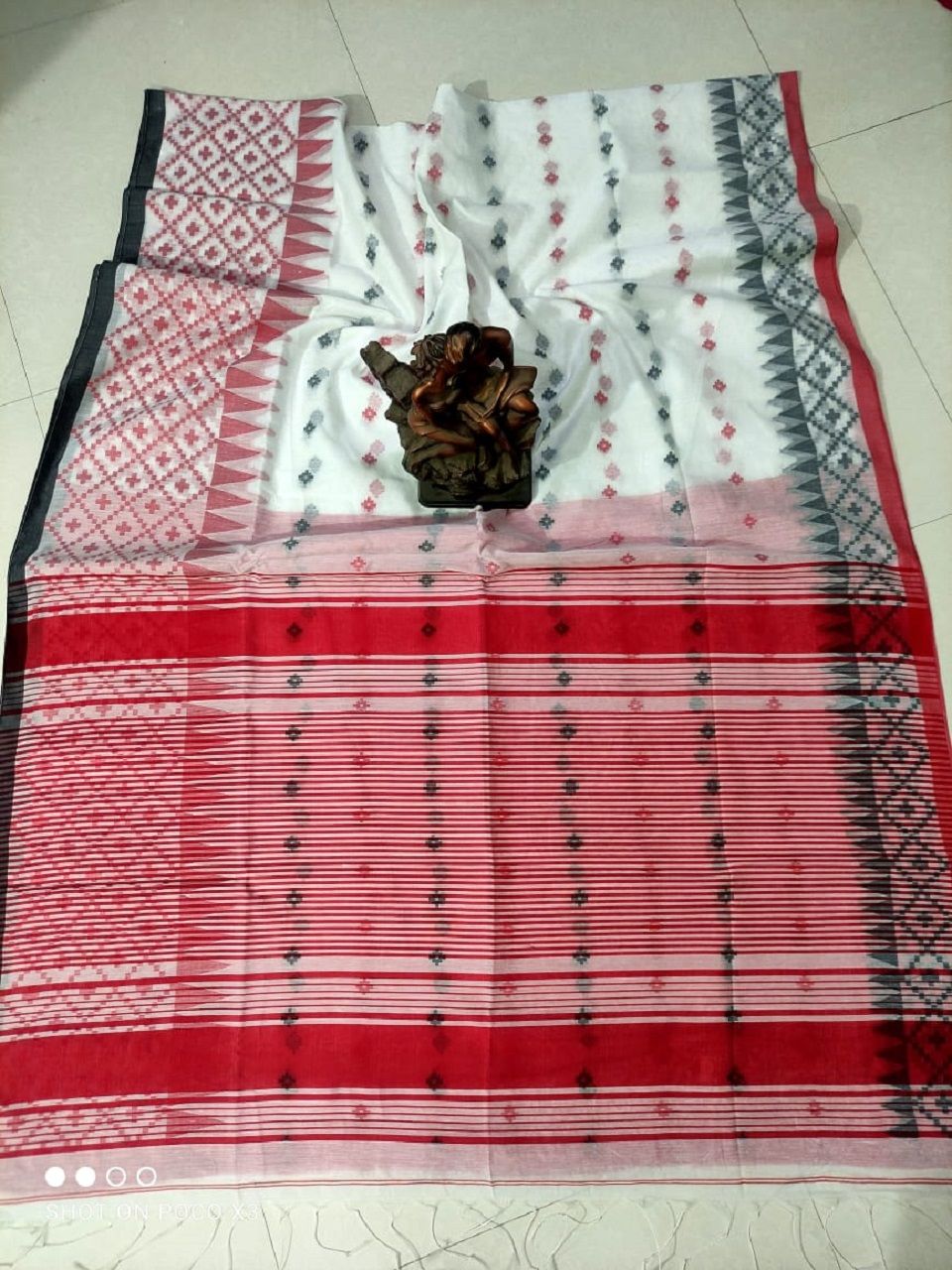 White Cotton Silk Saree With Butti Weave And Temple Border