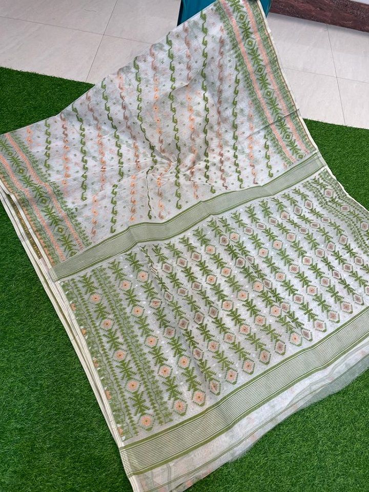 White Green Intricately Handwoven Dhakai Jamdani Cotton Silk Saree