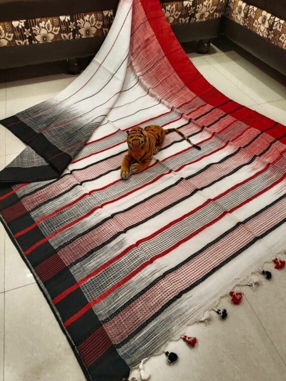 White Red Stripe Pattern Pure Cotton Ikkat Weave Saree With Contrast Border