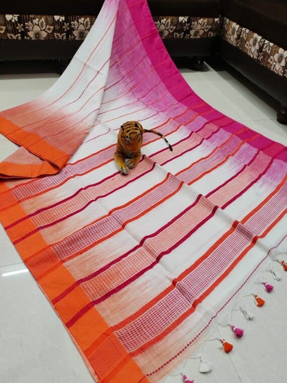 White Stripe Pattern Pure Cotton Ikkat Weave Saree With Contrast Border