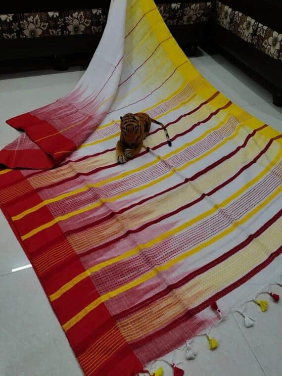 White Yellow Stripe Pattern Pure Cotton Ikkat Weave Saree With Contrast Border