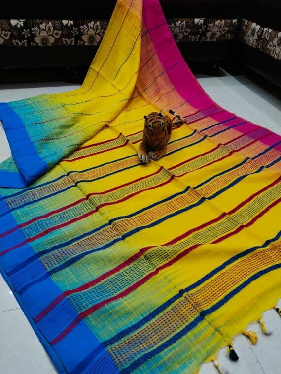 Yellow Stripe Pattern Pure Cotton Ikkat Weave Saree With Contrast Border