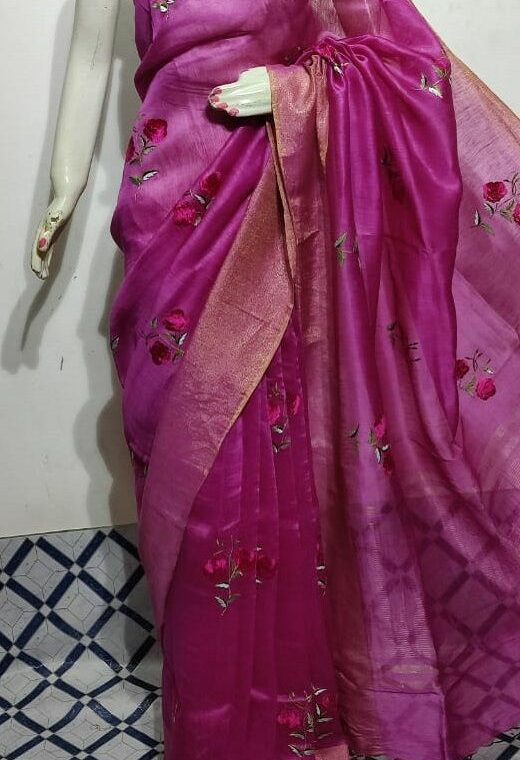 Awesome Pink Fletcher Silk Linen Saree With Floral Embroidery