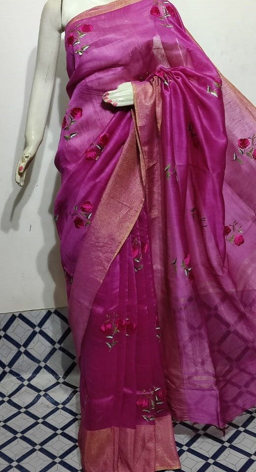 Awesome Pink Fletcher Silk Linen Saree With Floral Embroidery