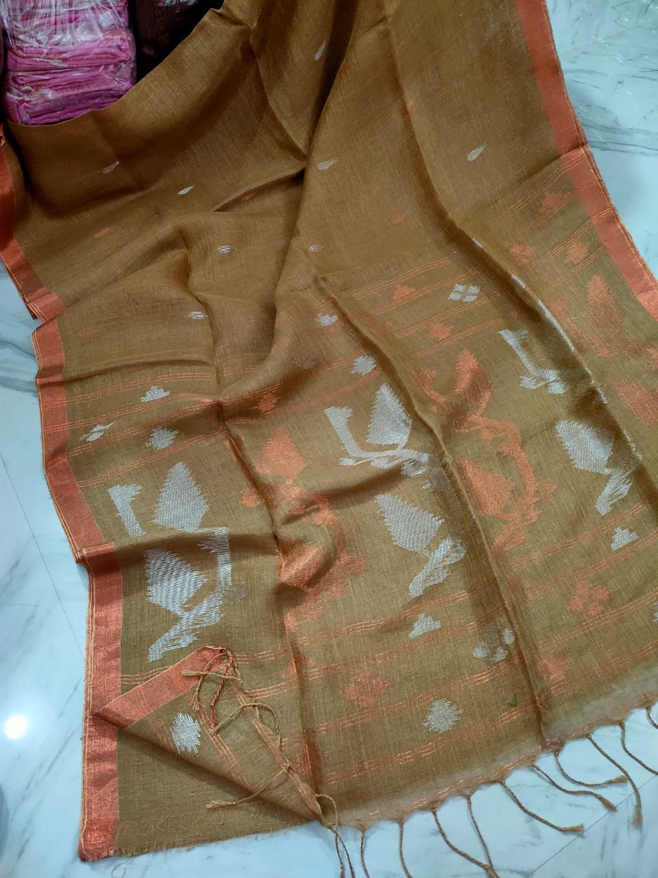 Beautiful Beige Korat Jamdani Linen Saree