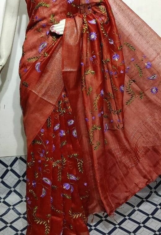 Beautiful Brick Red Fletcher Silk Linen Saree With Floral Embroidery