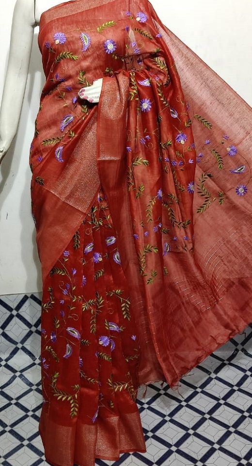 Beautiful Brick Red Fletcher Silk Linen Saree With Floral Embroidery