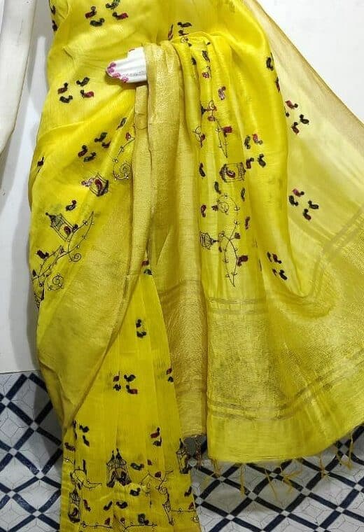 Bright Yellow Fletcher Silk Linen Saree With Bird Embroidery