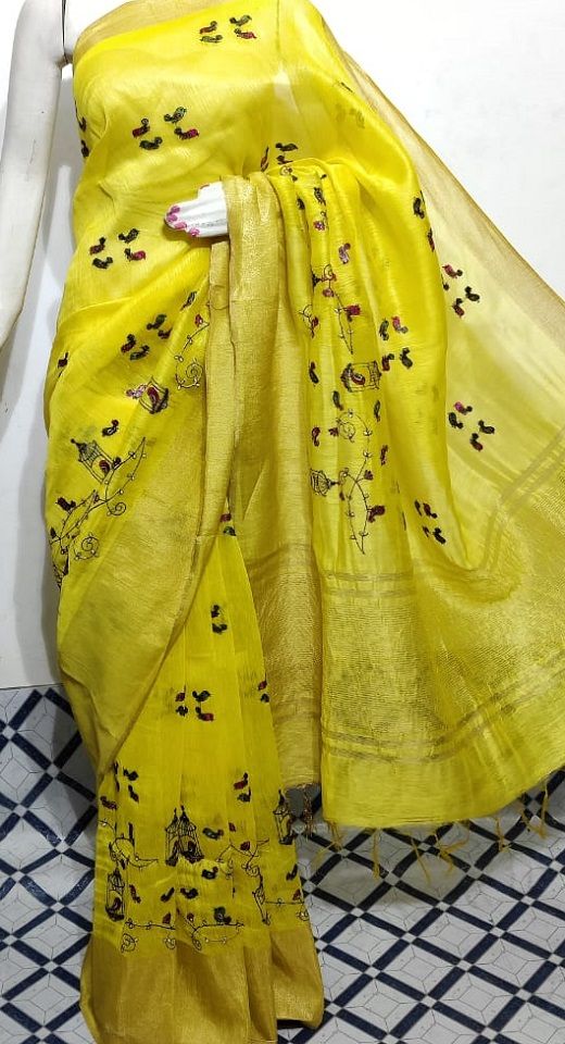 Bright Yellow Fletcher Silk Linen Saree With Bird Embroidery