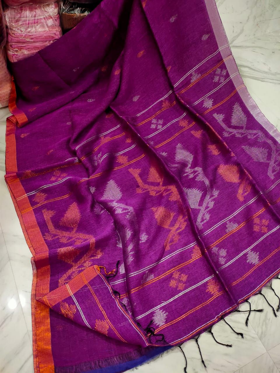 Classic Purple Pink Korat Jamdani Linen Saree