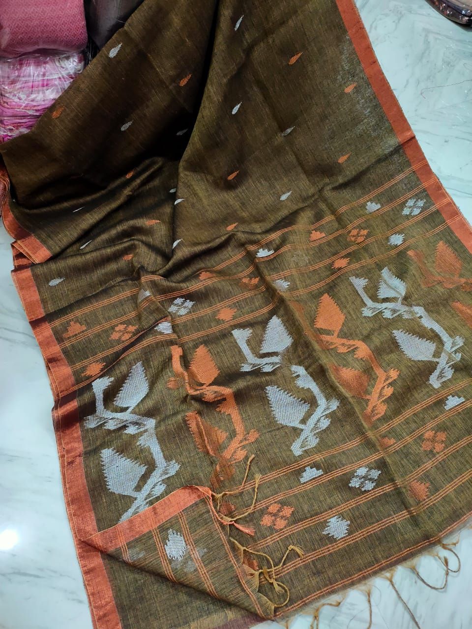 Dark Olive Blue Korat Jamdani Linen Saree