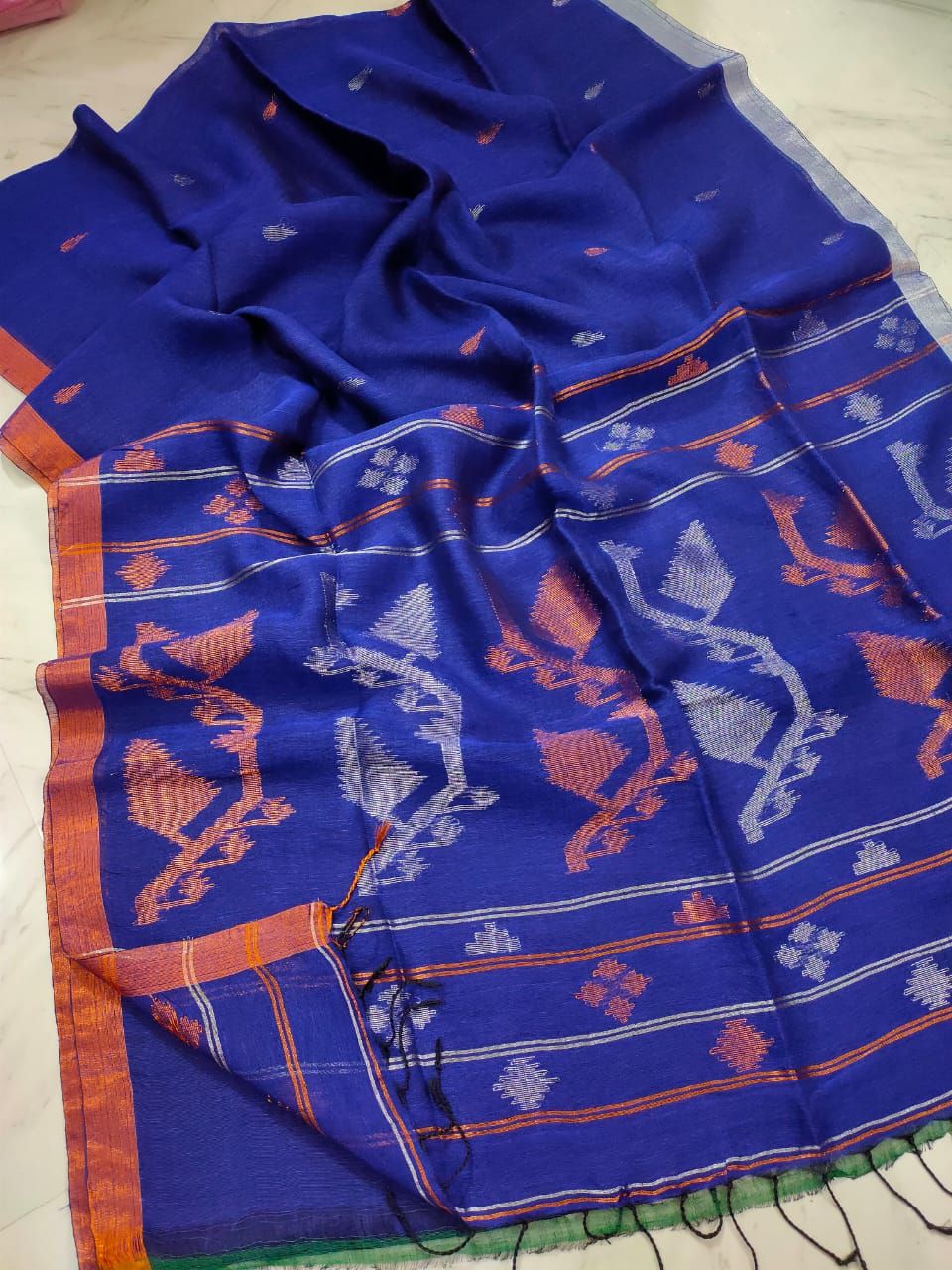 Dazzling Dark Blue Korat Jamdani Linen Saree