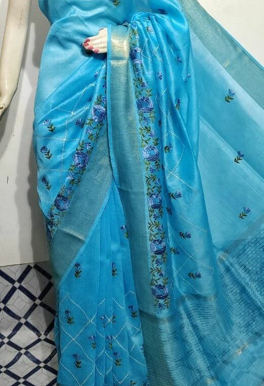 Divine Blue Fletcher Silk Linen Saree With Floral Embroidery