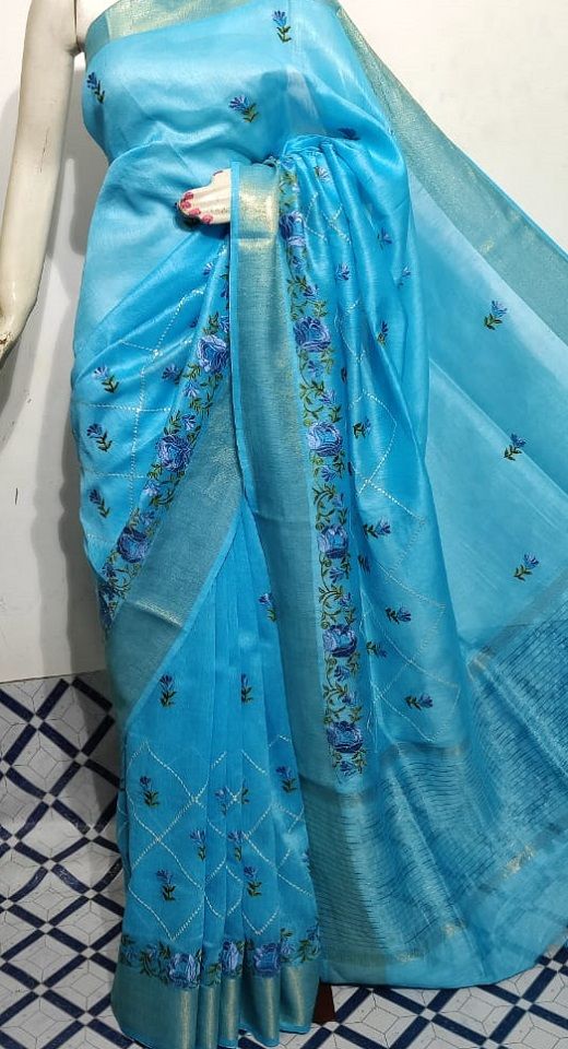 Divine Blue Fletcher Silk Linen Saree With Floral Embroidery