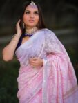 Elegant Pink Linen Silk Embroidery Saree With Silver Border