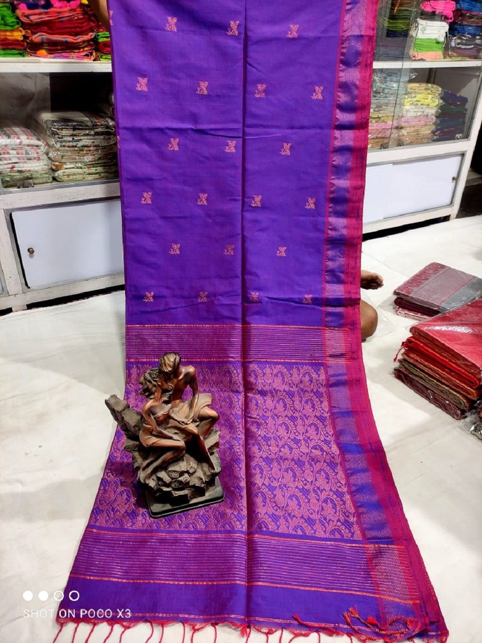 Elite Purple Matka Cotton Silk Handwoven Butti Design Saree