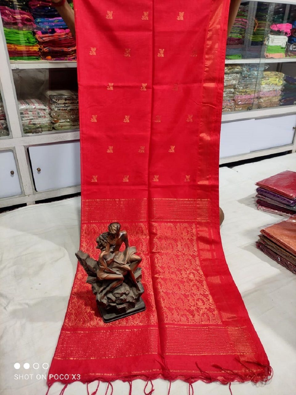 Festive Red Matka Cotton Silk Handwoven Butti Design Saree