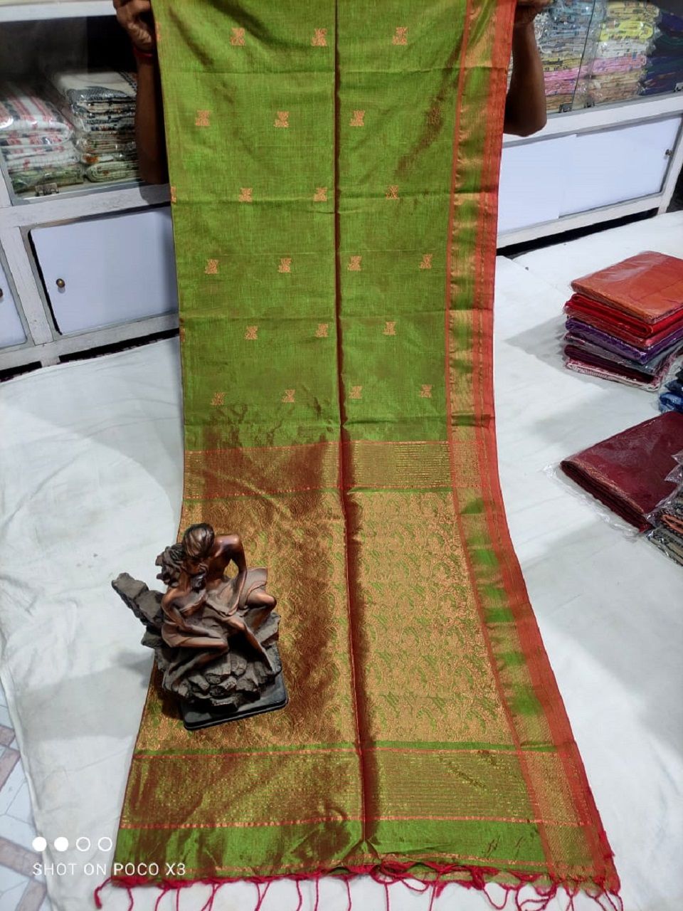 Glamor Mehendi Green Matka Cotton Silk Handwoven Butti Design Saree