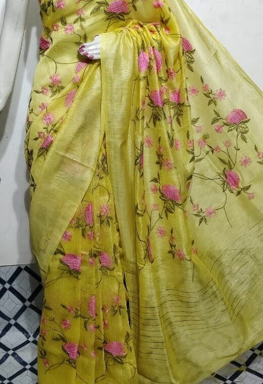 Glorifying Yellow Fletcher Silk Linen Saree With Floral Embroidery