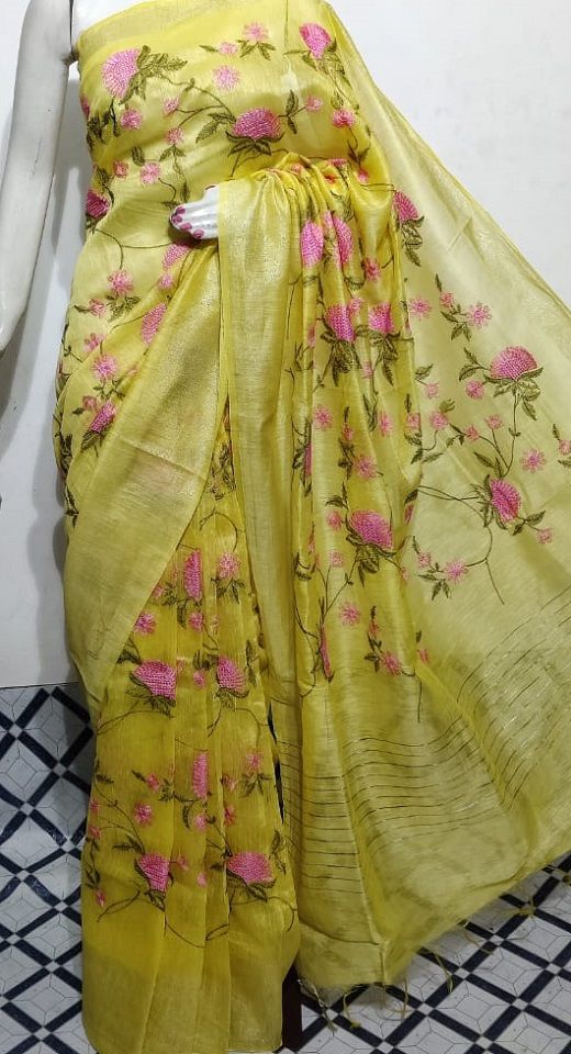 Glorifying Yellow Fletcher Silk Linen Saree With Floral Embroidery