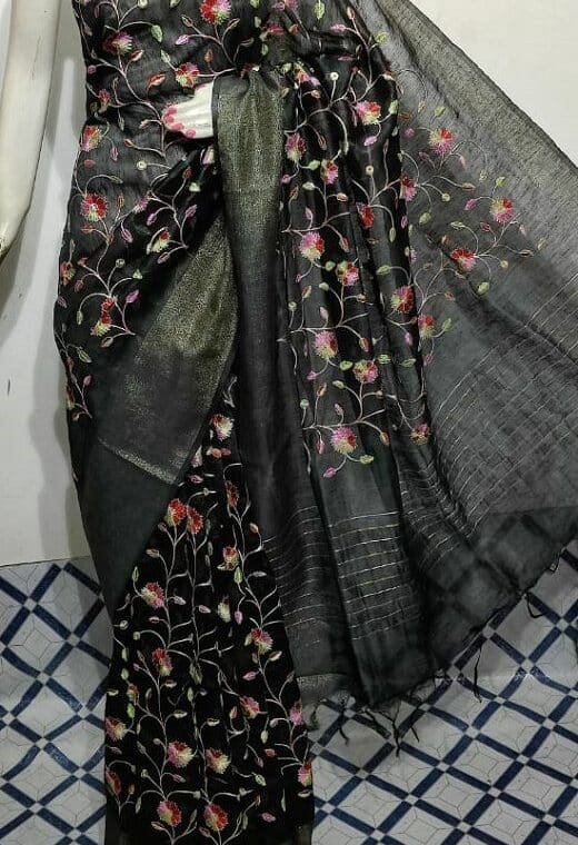 Gorgeous Black Fletcher Silk Linen Saree With Floral Embroidery
