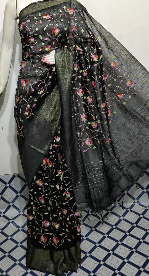 Gorgeous Black Fletcher Silk Linen Saree With Floral Embroidery