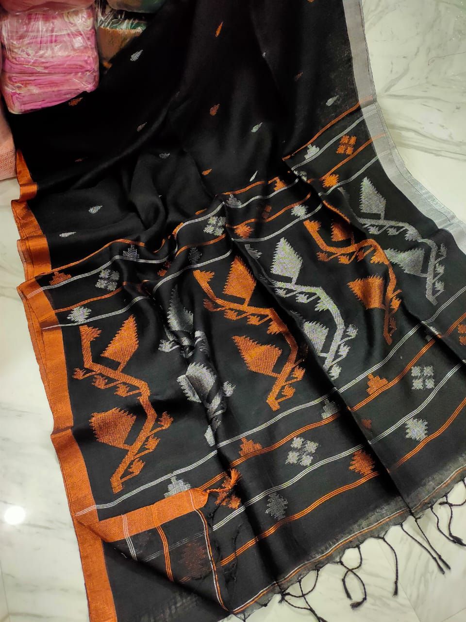 Gorgeous Black Korat Jamdani Linen Saree