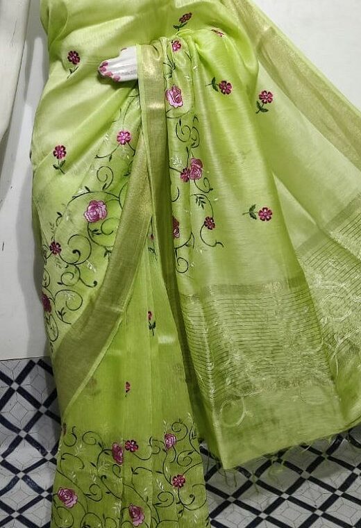 Graceful Green Fletcher Silk Linen Saree With Floral Embroidery