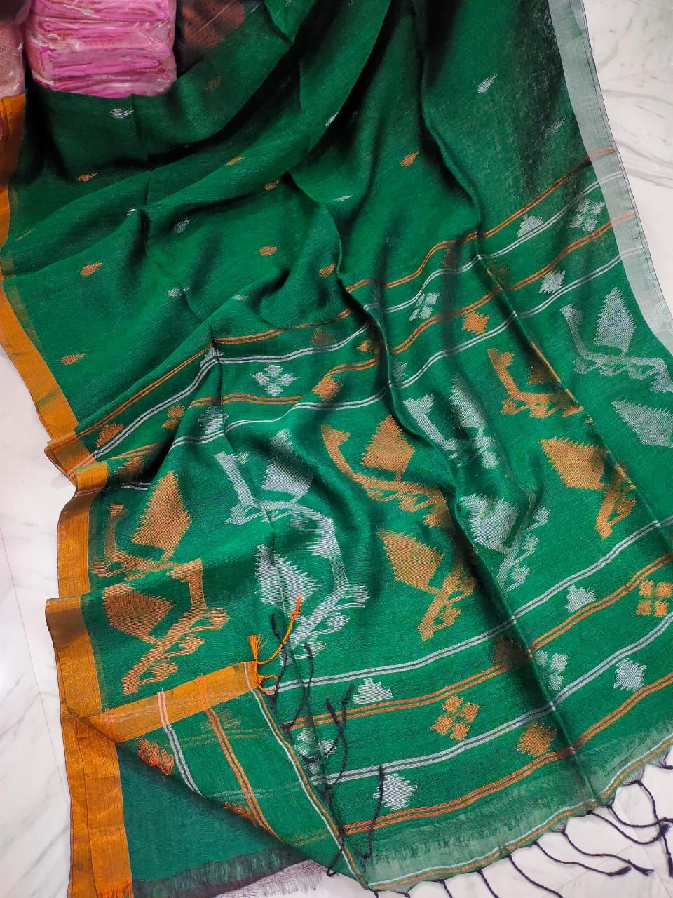 Lovely Green Blue Korat Jamdani Linen Saree