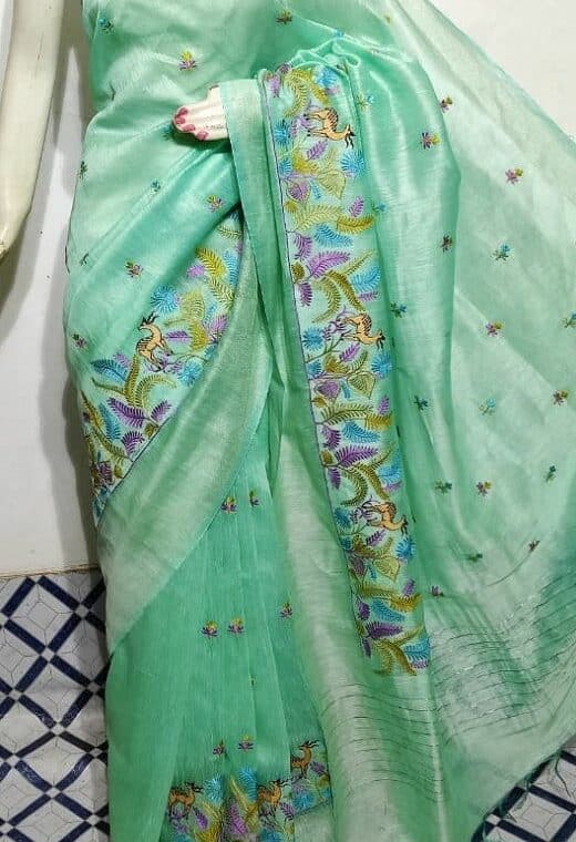 Marvellous Mint Green Fletcher Silk Linen Saree With Floral Embroidery