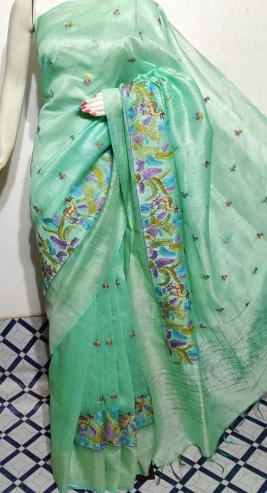 Marvellous Mint Green Fletcher Silk Linen Saree With Floral Embroidery