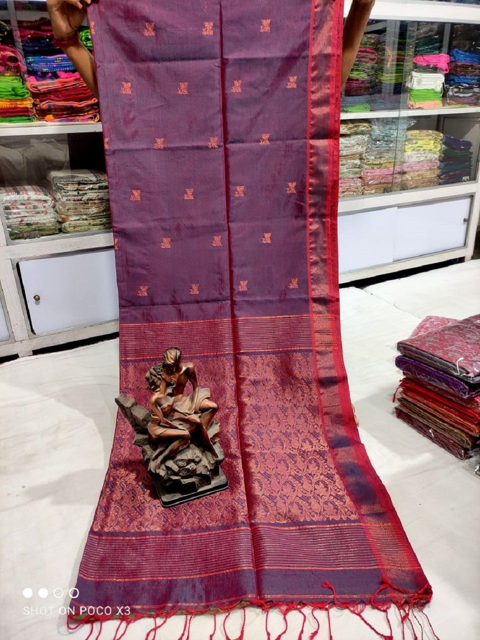 Metallic Reddish Blue Matka Cotton Silk Handwoven Butti Design Saree