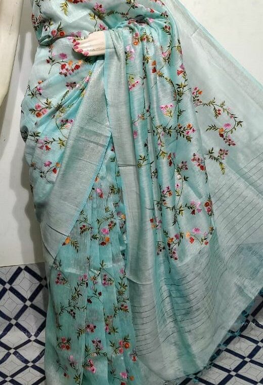 Mighty Ice Blue Fletcher Silk Linen Saree With Floral Embroidery