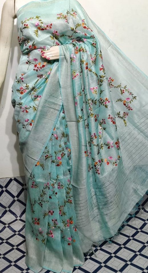 Mighty Ice Blue Fletcher Silk Linen Saree With Floral Embroidery