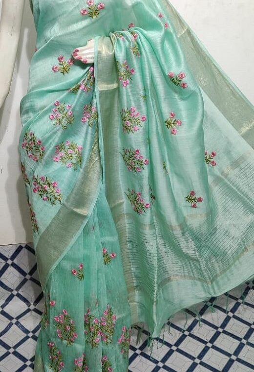 Minty Ice Blue Fletcher Silk Linen Saree With Floral Embroidery