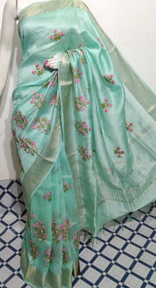 Minty Ice Blue Fletcher Silk Linen Saree With Floral Embroidery