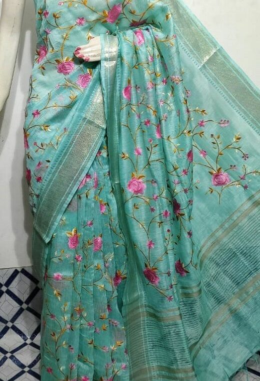 Ocean Blue Fletcher Silk Linen Saree With Floral Embroidery