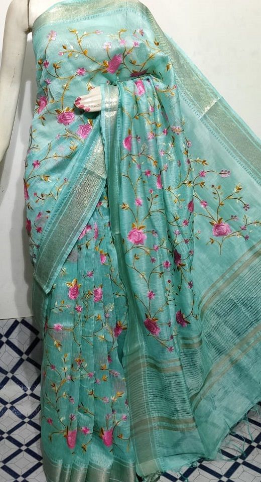 Ocean Blue Fletcher Silk Linen Saree With Floral Embroidery