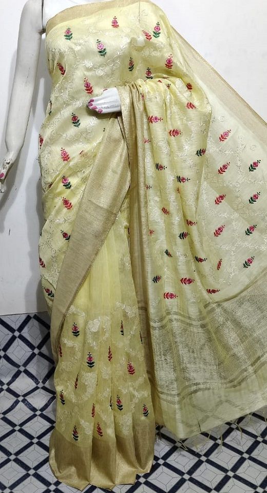 Pearl Yellow Fletcher Silk Linen Saree With Floral Embroidery