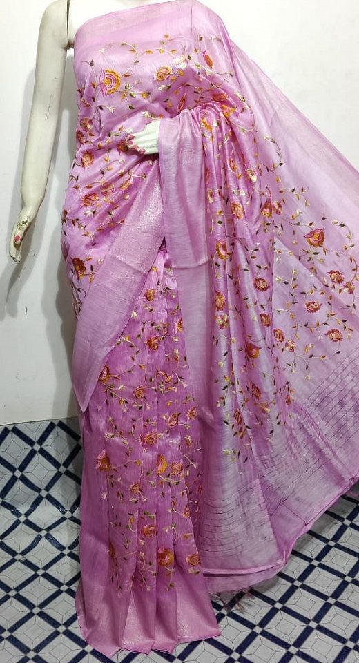 Pretty Pink Fletcher Silk Linen Saree With Floral Embroidery