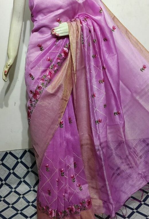 Radiant Purple Fletcher Silk Linen Saree With Floral Embroidery