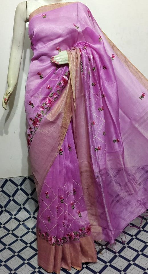 Radiant Purple Fletcher Silk Linen Saree With Floral Embroidery