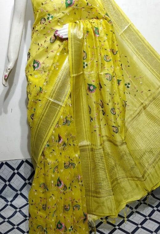Ravishing Yellow Fletcher Silk Linen Saree With Floral Embroidery