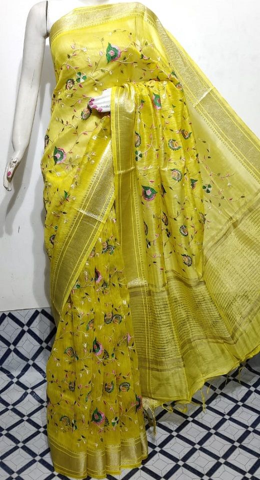 Ravishing Yellow Fletcher Silk Linen Saree With Floral Embroidery