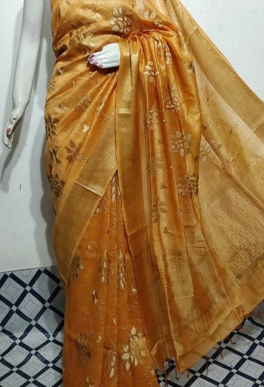 Rich Rust Orange Fletcher Silk Linen Saree With Floral Embroidery